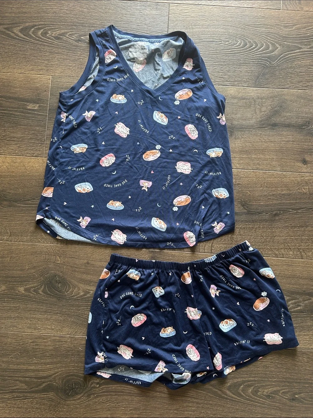 Navy Sleep Tank & Shorts Pajama Set with Cute Print - Picture 1 of 4